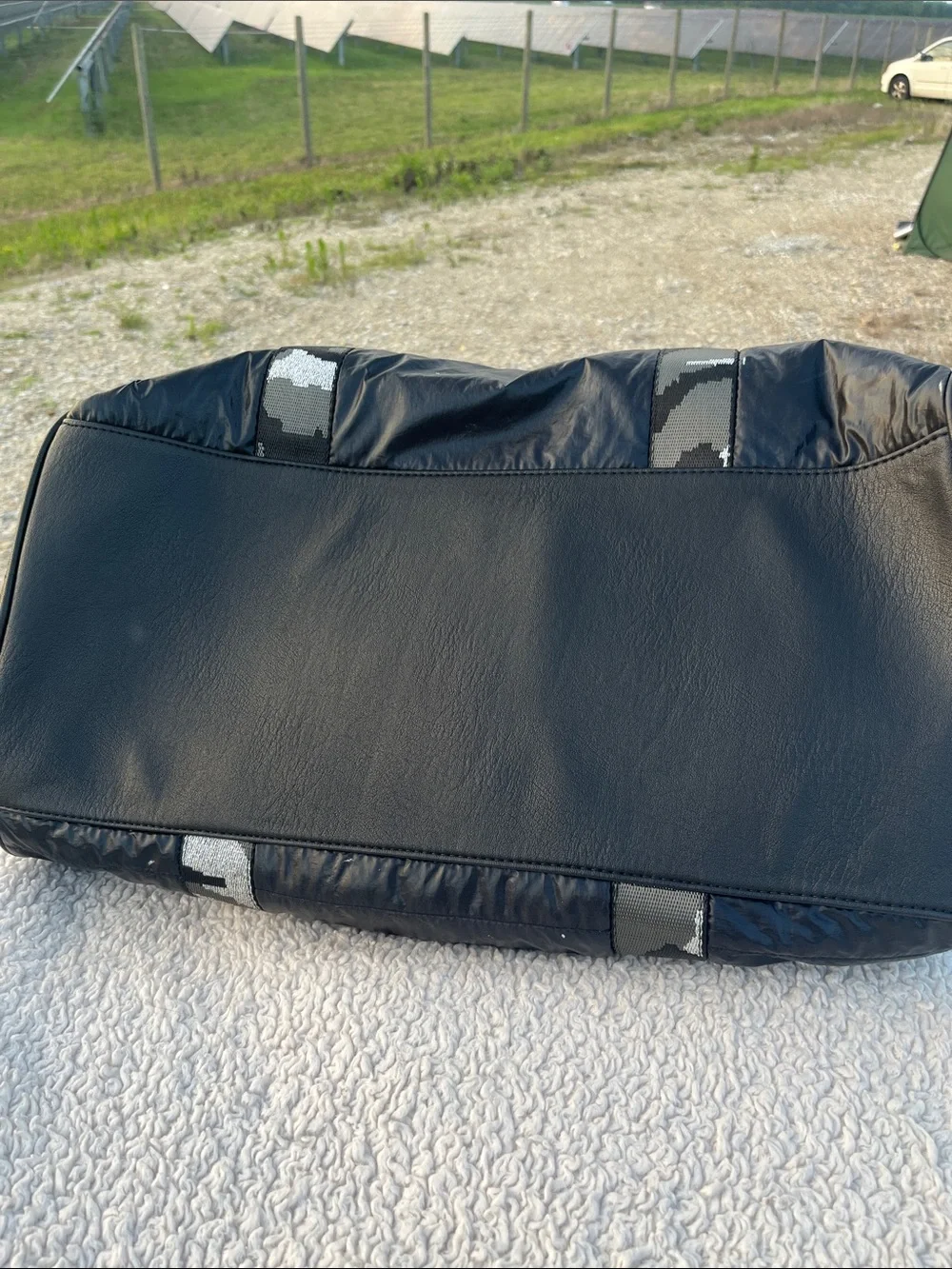 Jessica Simpson Black Quilted Duffel with Patterned Webbed Straps